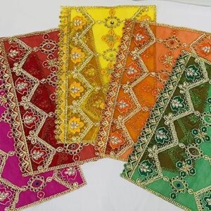 Home marigold creative houses pancharangi mata ki chunni/chunari set of 5 – soft net cloth with moti work/sparkling stones 13 x 9 inch, for navratri puja,(color: red, green, yellow, orange, pink)