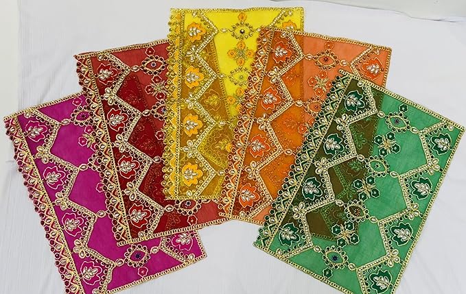 marigold creative houses pancharangi mata ki chunni/chunari set of 5 – soft net cloth with moti work/sparkling stones 13 x 9 inch, for navratri puja,(color: red, green, yellow, orange, pink) marigold creative houses pancharangi mata ki chunni/chunari set of 5 – soft net cloth with moti work/sparkling stones 13 x 9 inch, for navratri puja,(color: red, green, yellow, orange, pink)