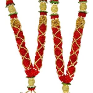 Home Marigold Creative House Artificial Flower Decorative Garland for Wedding, Puja, and Festive Use – Red & Golden Handmade Toran Mala with Floral Tassel Ends, Pack of 2 Length: 45 CM
