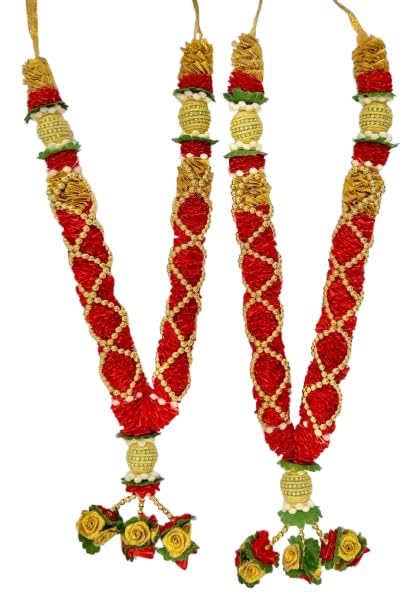 Marigold Creative House Artificial Flower Decorative Garland for Wedding, Puja, and Festive Use – Red & Golden Handmade Toran Mala with Floral Tassel Ends, Pack of 2 Length: 45 CM