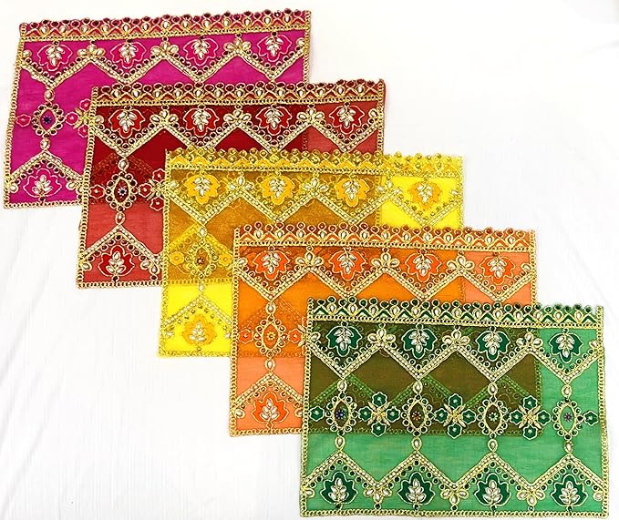 marigold creative houses pancharangi mata ki chunni/chunari set of 5 – soft net cloth with moti work/sparkling stones 13 x 9 inch, for navratri puja,(color: red, green, yellow, orange, pink) marigold creative houses pancharangi mata ki chunni/chunari set of 5 – soft net cloth with moti work/sparkling stones 13 x 9 inch, for navratri puja,(color: red, green, yellow, orange, pink)