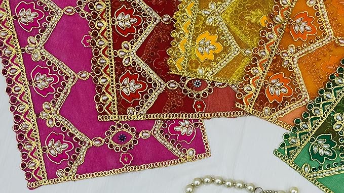 marigold creative houses pancharangi mata ki chunni/chunari set of 5 – soft net cloth with moti work/sparkling stones 13 x 9 inch, for navratri puja,(color: red, green, yellow, orange, pink) marigold creative houses pancharangi mata ki chunni/chunari set of 5 – soft net cloth with moti work/sparkling stones 13 x 9 inch, for navratri puja,(color: red, green, yellow, orange, pink)