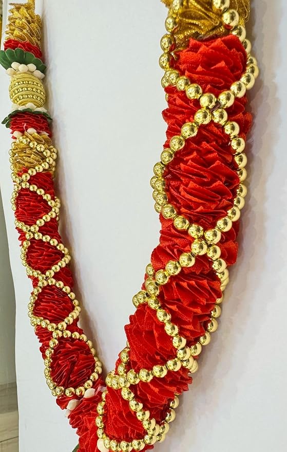 Marigold Creative House Artificial Flower Decorative Garland for Wedding, Puja, and Festive Use – Red & Golden Handmade Toran Mala with Floral Tassel Ends, Pack of 2 Length: 45 CM - Image 5