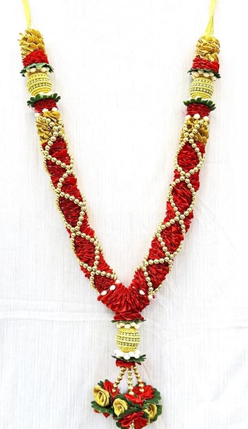 Marigold Creative House Artificial Flower Decorative Garland for Wedding, Puja, and Festive Use – Red & Golden Handmade Toran Mala with Floral Tassel Ends, Pack of 2 Length: 45 CM - Image 4