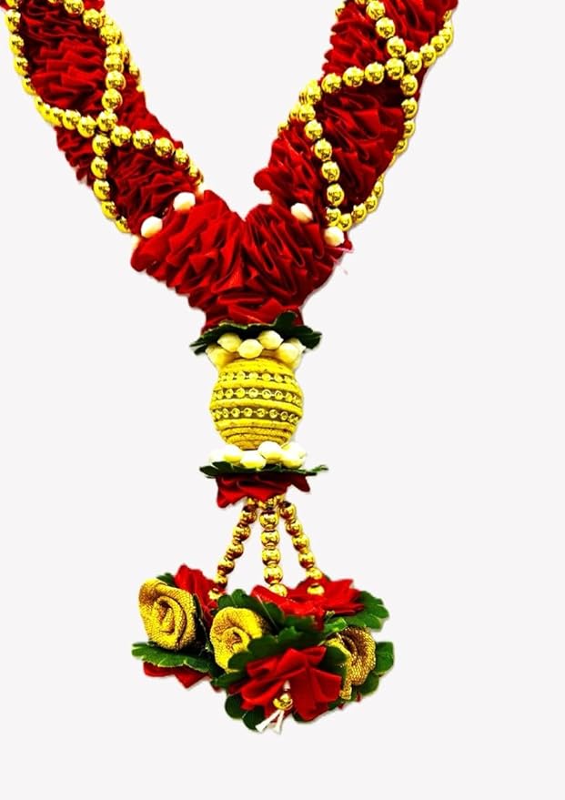 Marigold Creative House Artificial Flower Decorative Garland for Wedding, Puja, and Festive Use – Red & Golden Handmade Toran Mala with Floral Tassel Ends, Pack of 2 Length: 45 CM - Image 3