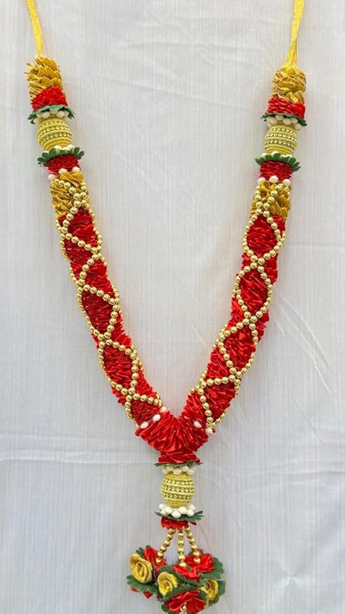 marigold creative house artificial flower decorative garland for wedding, puja, and festive use – red & golden handmade toran mala with floral tassel ends, pack of 1 length: 45 cm marigold creative house artificial flower decorative garland for wedding, puja, and festive use – red & golden handmade toran mala with floral tassel ends, pack of 1 length: 45 cm