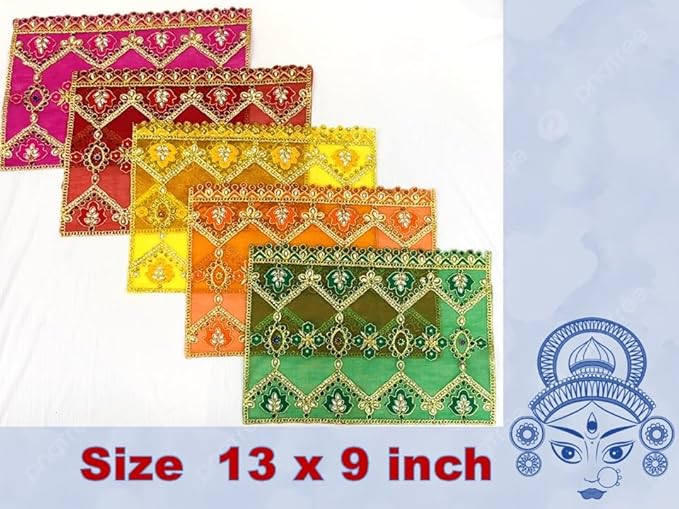 marigold creative houses pancharangi mata ki chunni/chunari set of 5 – soft net cloth with moti work/sparkling stones 13 x 9 inch, for navratri puja,(color: red, green, yellow, orange, pink) marigold creative houses pancharangi mata ki chunni/chunari set of 5 – soft net cloth with moti work/sparkling stones 13 x 9 inch, for navratri puja,(color: red, green, yellow, orange, pink)