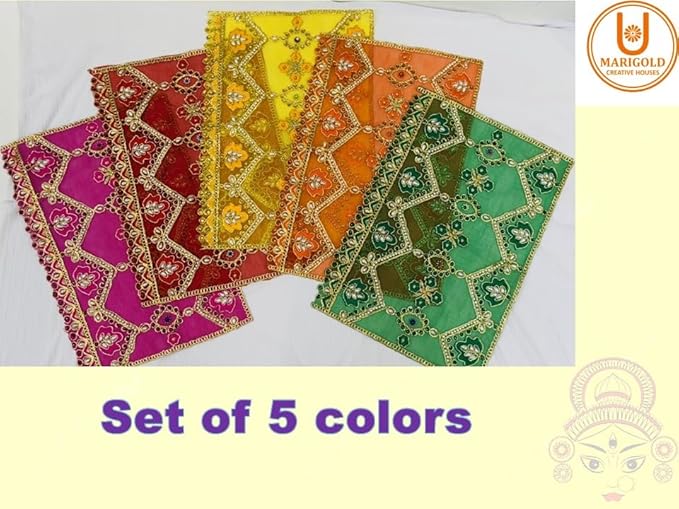 marigold creative houses pancharangi mata ki chunni/chunari set of 5 – soft net cloth with moti work/sparkling stones 13 x 9 inch, for navratri puja,(color: red, green, yellow, orange, pink) marigold creative houses pancharangi mata ki chunni/chunari set of 5 – soft net cloth with moti work/sparkling stones 13 x 9 inch, for navratri puja,(color: red, green, yellow, orange, pink)