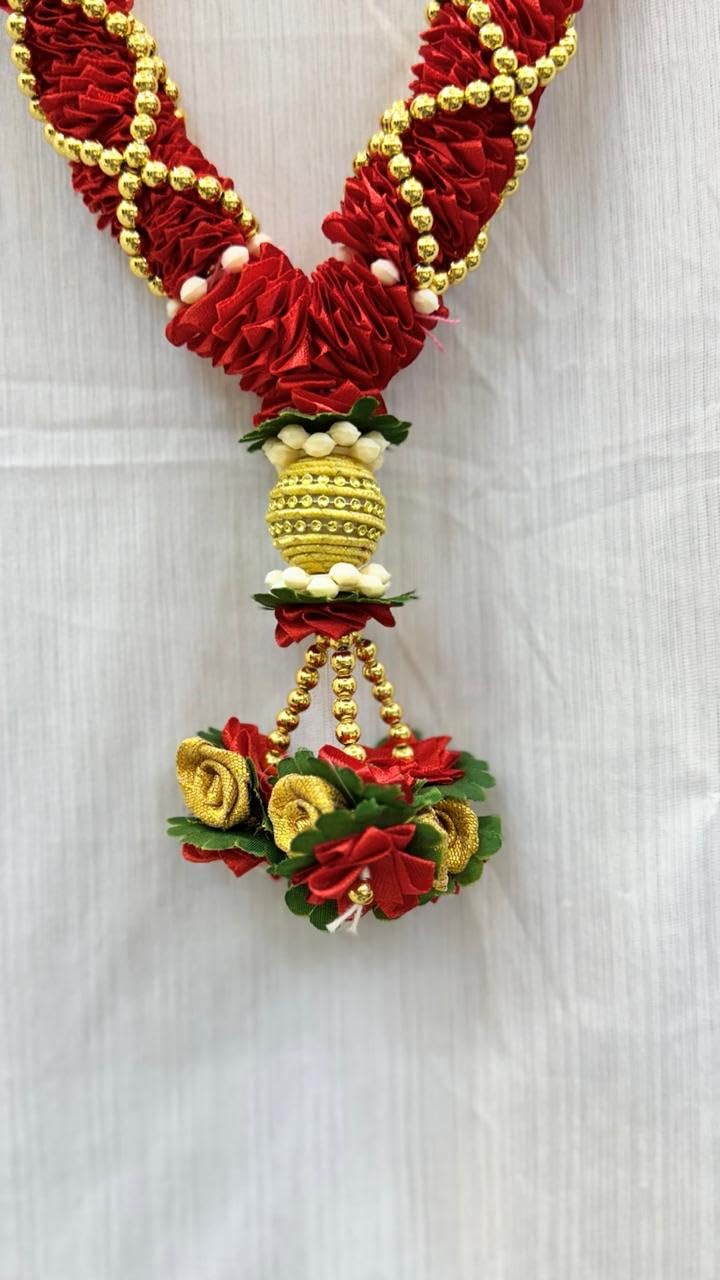 marigold creative house artificial flower decorative garland for wedding, puja, and festive use – red & golden handmade toran mala with floral tassel ends, pack of 1 length: 45 cm marigold creative house artificial flower decorative garland for wedding, puja, and festive use – red & golden handmade toran mala with floral tassel ends, pack of 1 length: 45 cm